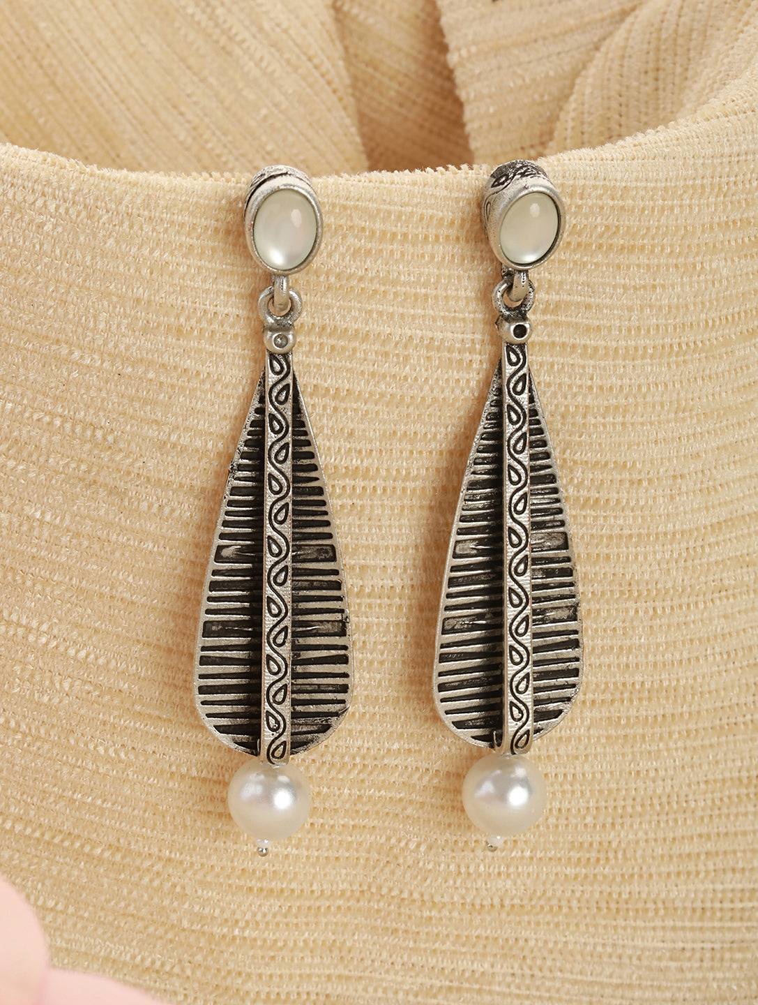 Silver Plated & Oxidised White Stone Studded Contemporary Drop Earring