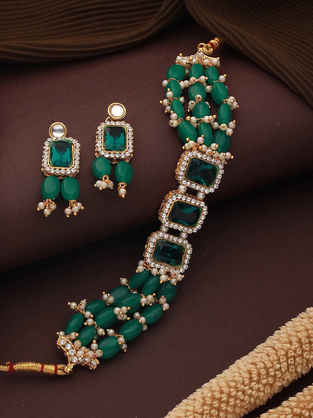 Gold-Plated Stone-Studded & Pearl Beaded Jewellery Set