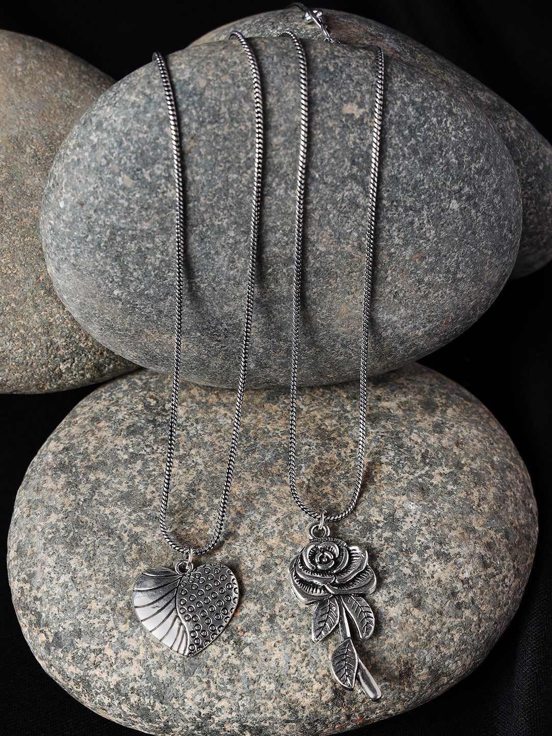 Set Of 2 Heart & Rose Shaped Oxidised Silver-Toned Textured Necklace