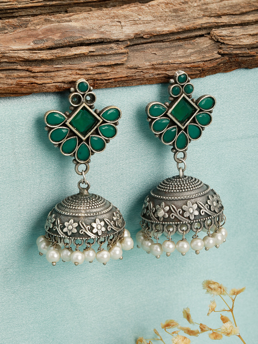 Green Stone Studded Silver & Pearl Beaded Oxidised Jhumka Earrings