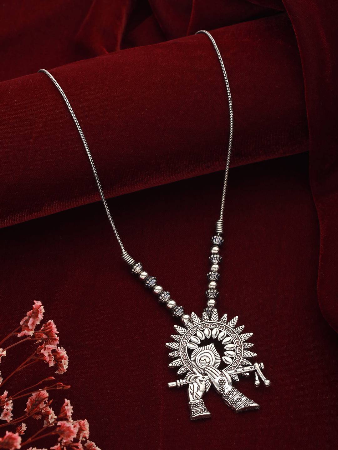 Silver-Plated Alloy Oxidised Krishna Flute Necklace