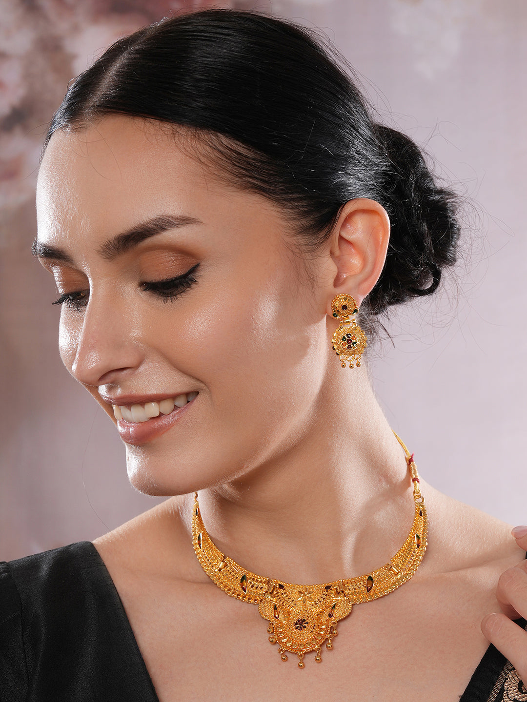 Jazz And Sizzle 22K Gold Plated  Circular Design Necklace Set with Matching Earrings Dubai Style Jewelry Set