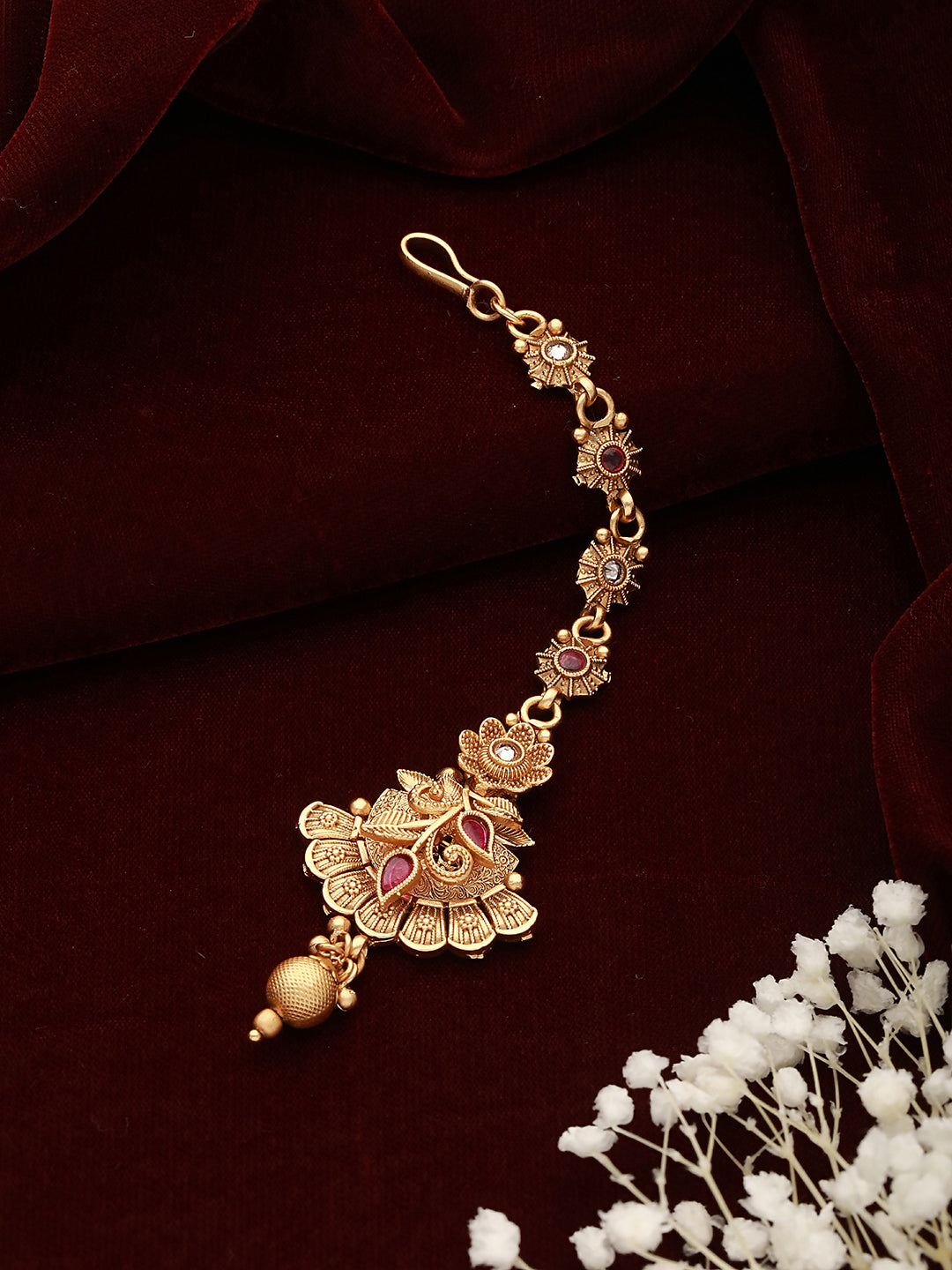 Gold-Plated Pink Stone Studded Handcrafted Temple Maang Tikka
