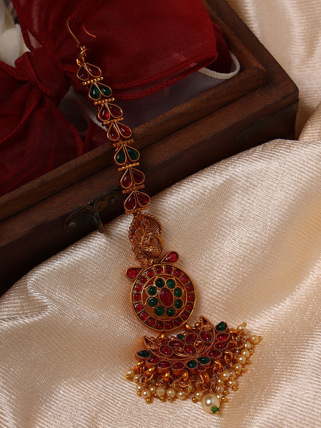 Gold Plated Red & Green Kemp Studded & Pearl Beaded Peacock Maangtikka