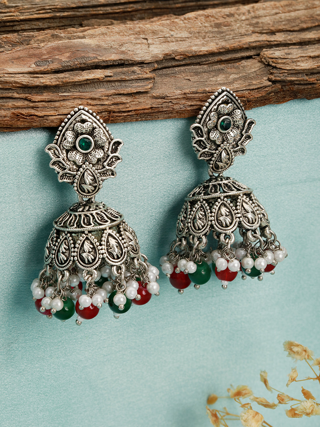 Silver-Plated Pearl-Studded Dome Shaped Jhumkas Earrings