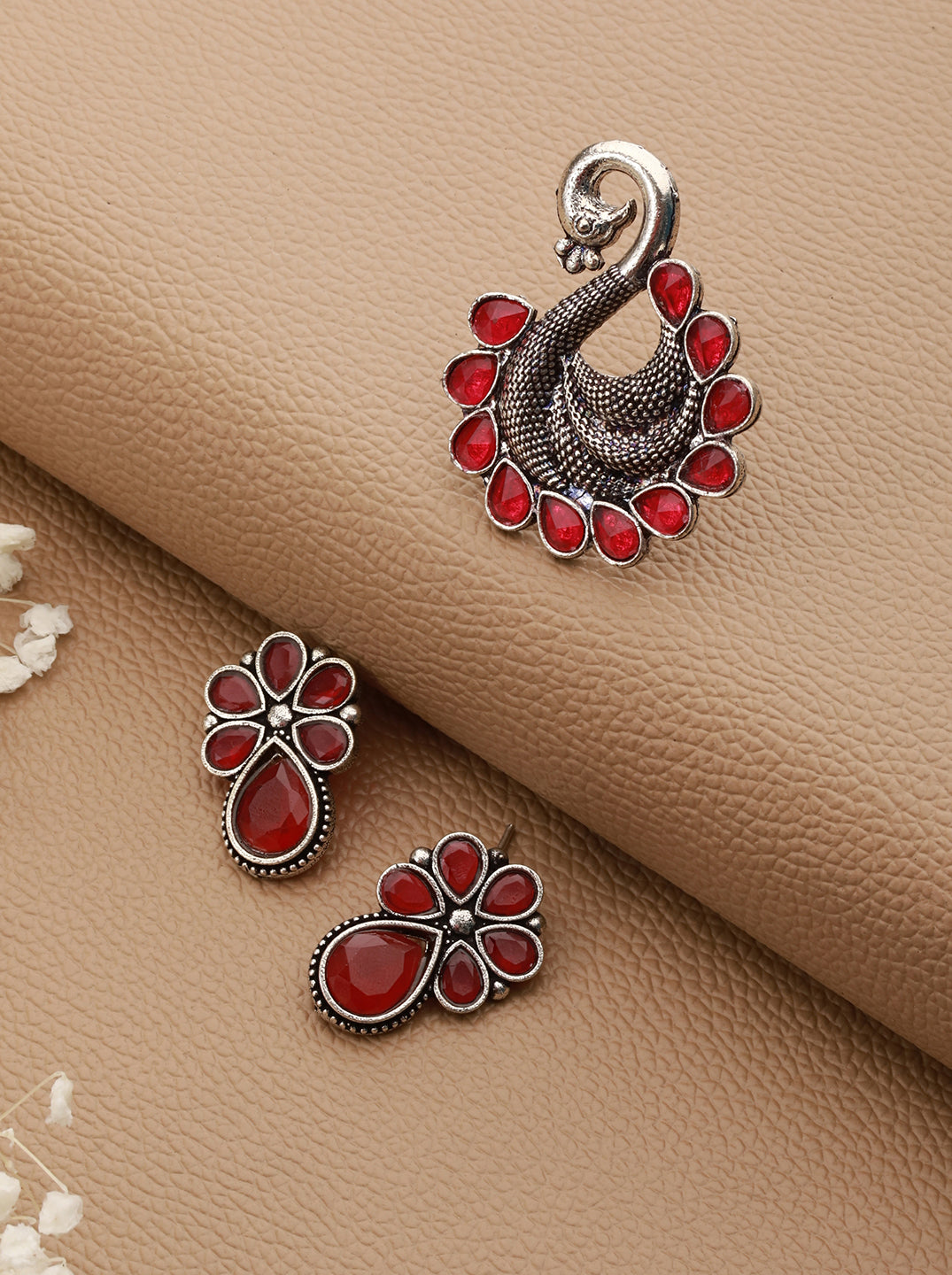 Set Of 2 Silver Plated & Red Stone Studded Contemporary Drop Earrings With Adjustable Ring