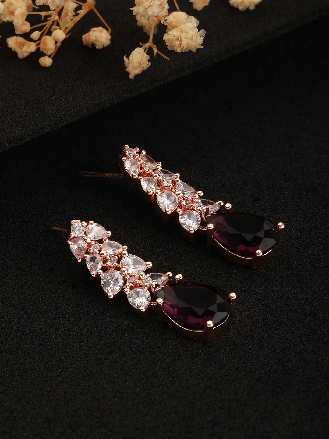 Rose Gold-Plated & Purple Ad-Studded Handcrafted Teardrop Drop Earrings