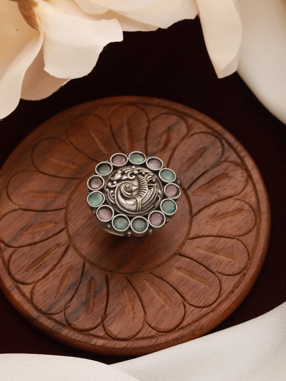 Silver-Plated Pink & Green Stone Studded Oxidised Peacock Shaped Adjustable Finger Ring