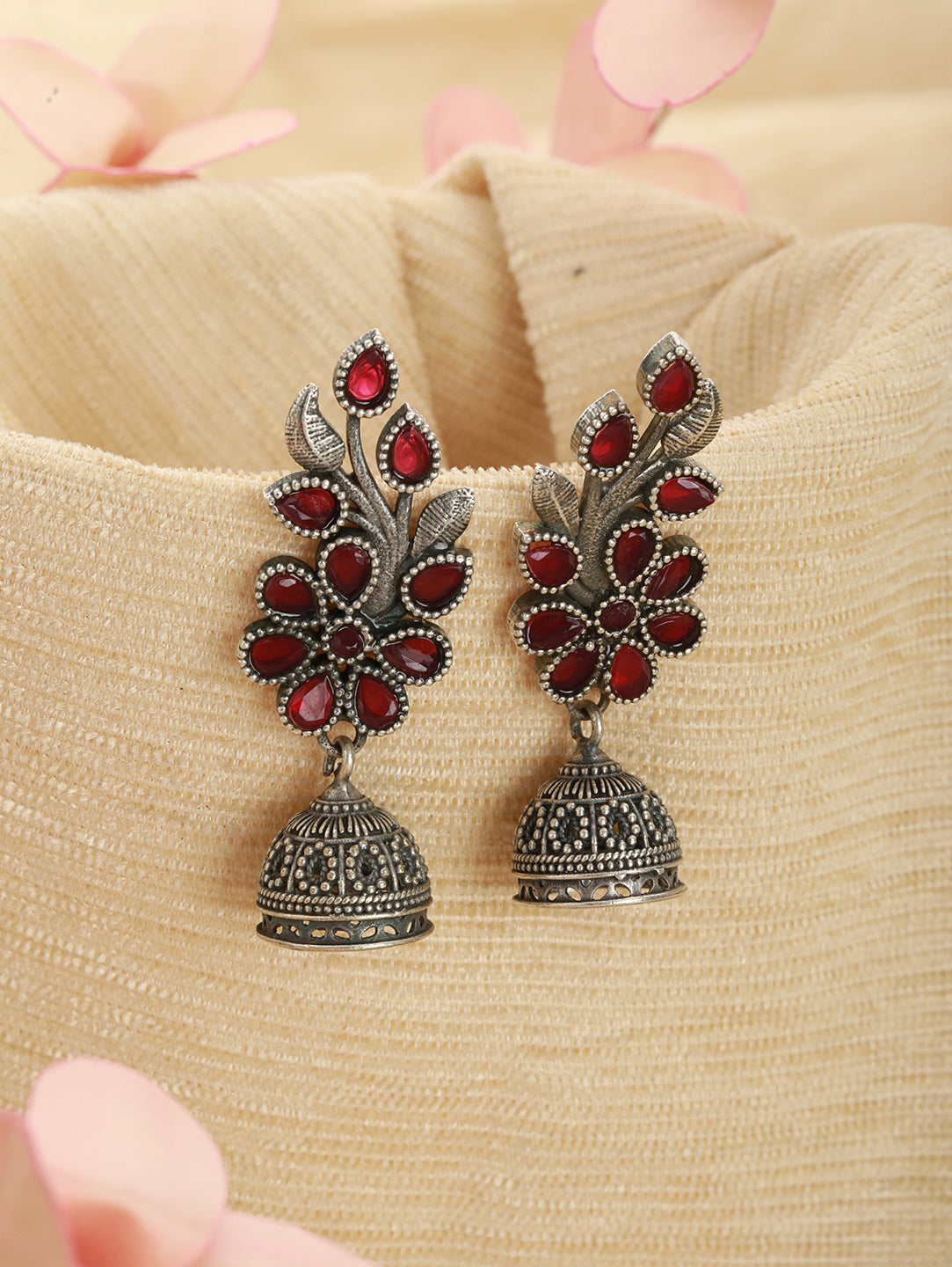 Silver Plated Red Stone Studded Leaf Shaped Oxidised Drop Earrings