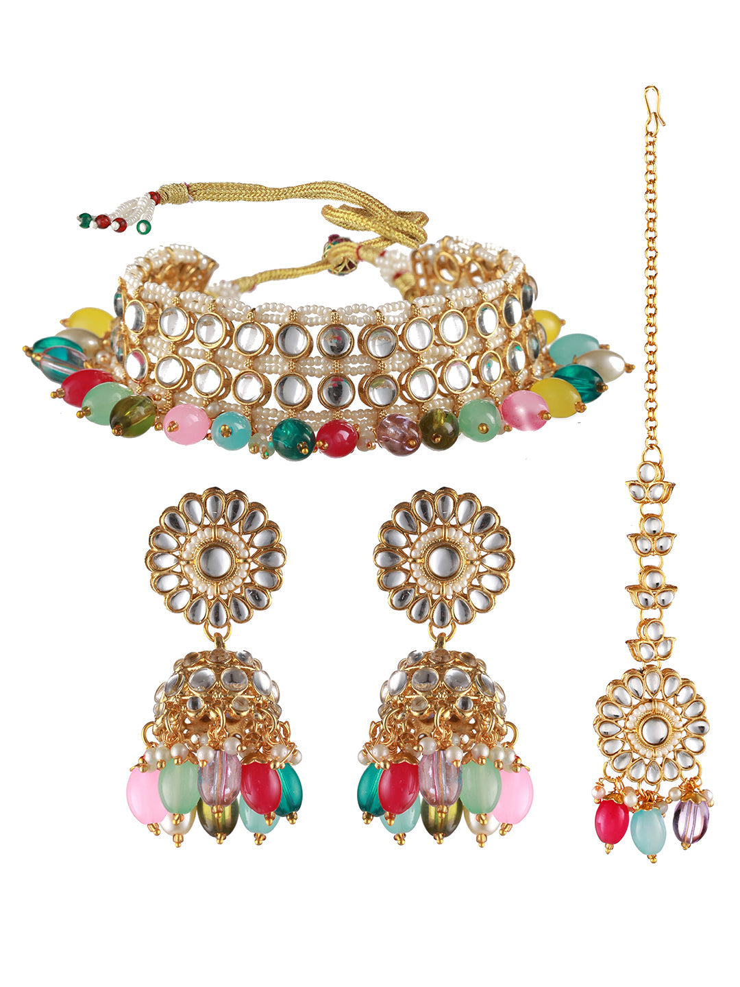 Gold-Plated Multicolored Kundan Studded & Pearl Beaded Choker Jewellery Set With Maangtikka