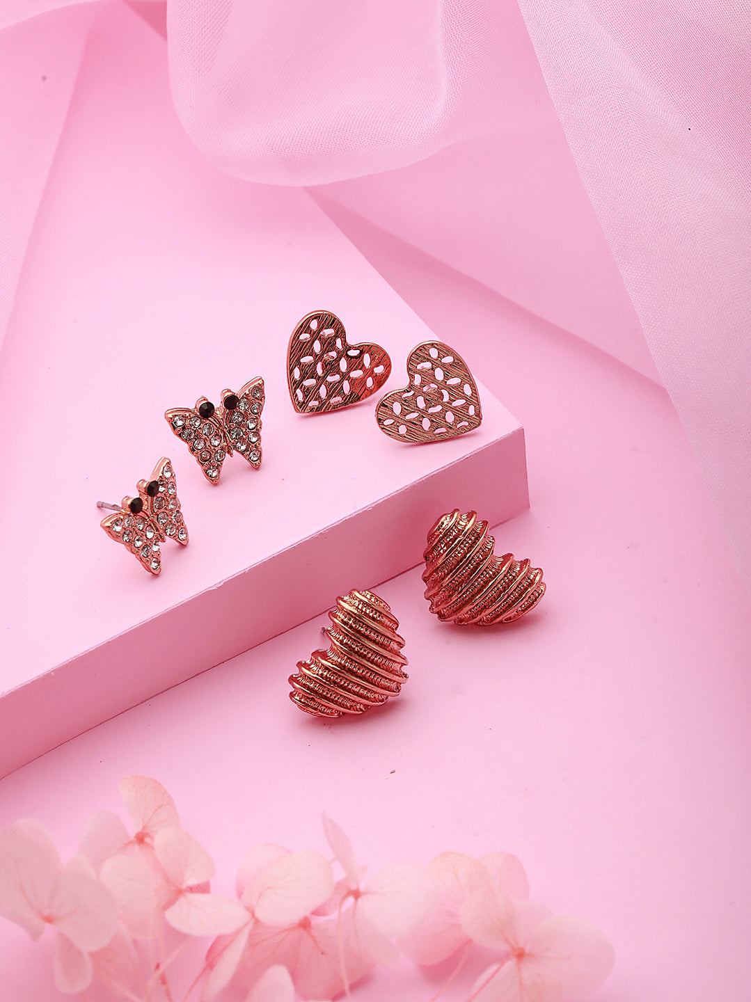 Set Of 3 Rosegold-Plated Heart Shaped Stud Earrings