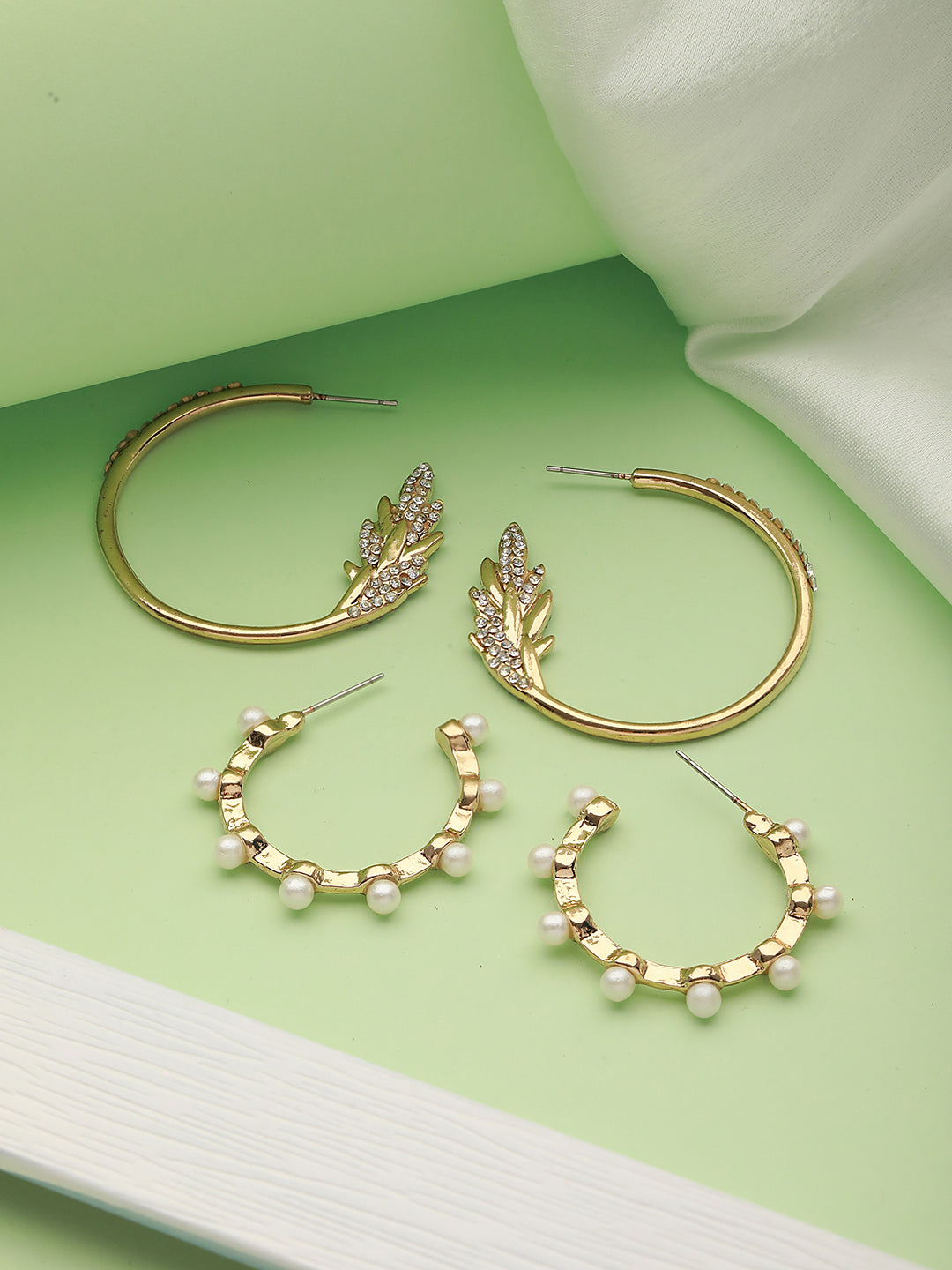 Set Of 2 Cz & Pearl Studded Gold-Toned Half Hoop Earrings