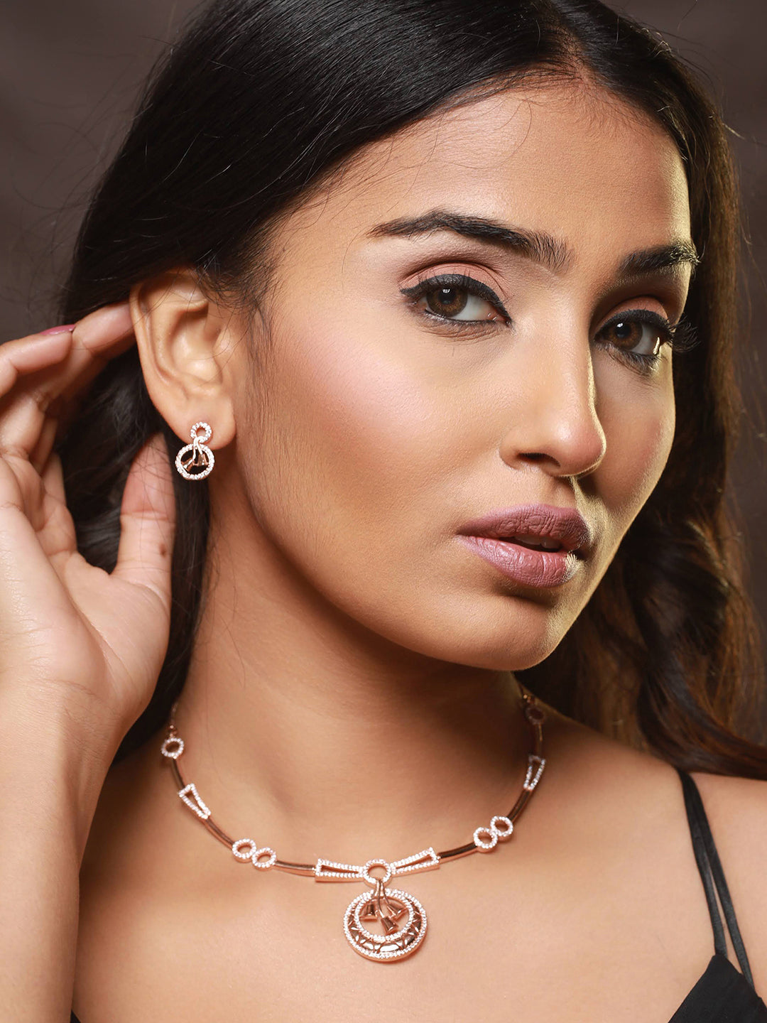 Rosegold-Plated Rose Gold Cz Studded Round Jewellery Set