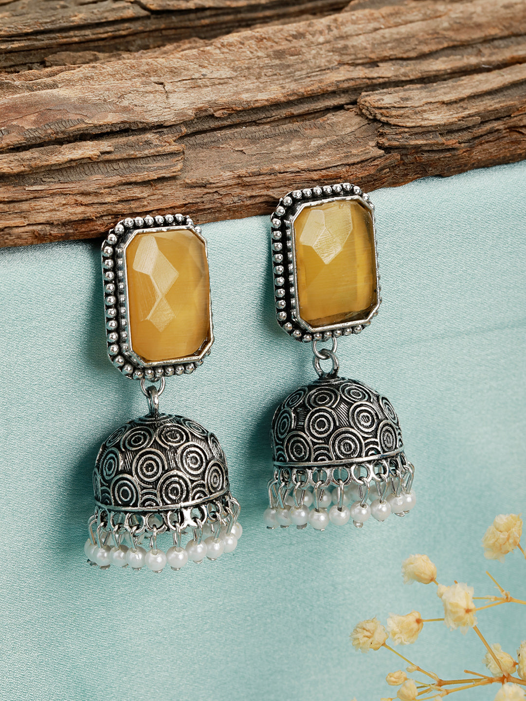 Silver Plated Yellow Stone Studded & Beaded Contemporary Jhumkas Earrings