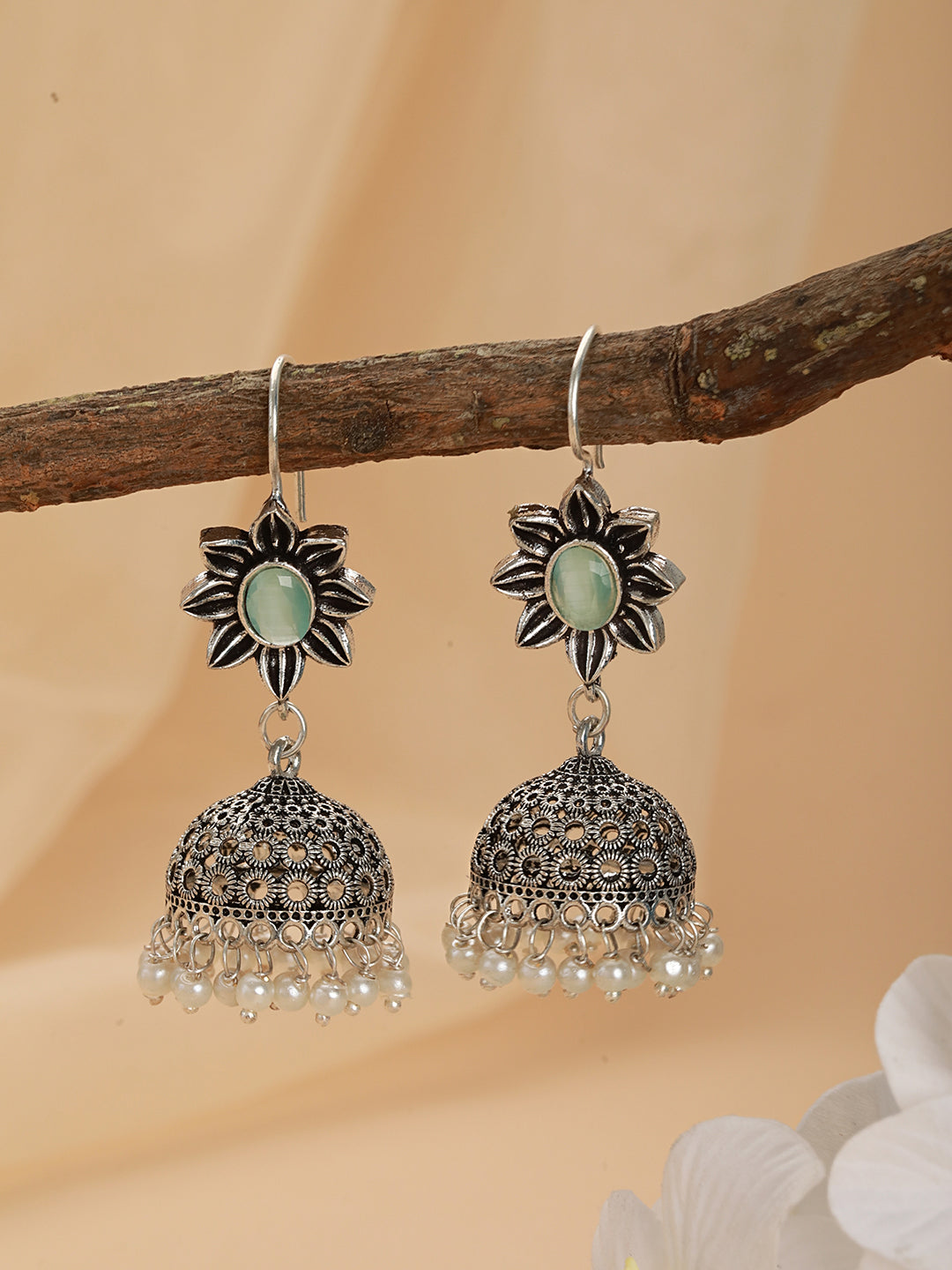 Oxidized Silver-Plated Green Stone Studded Dome Shaped Jhumkas