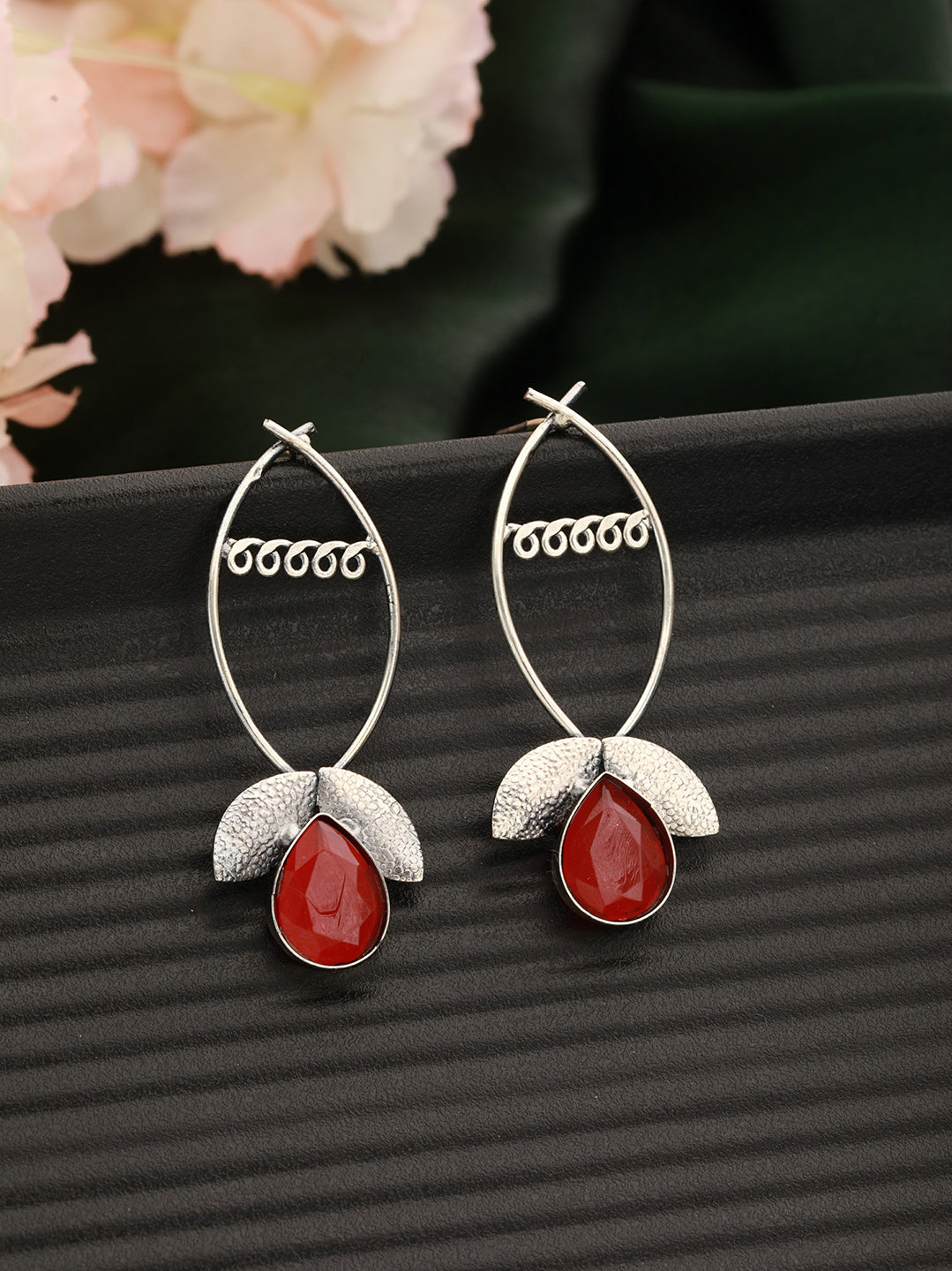 Red Stone Studded & Lef Shaped Contemporary Drop Earrings