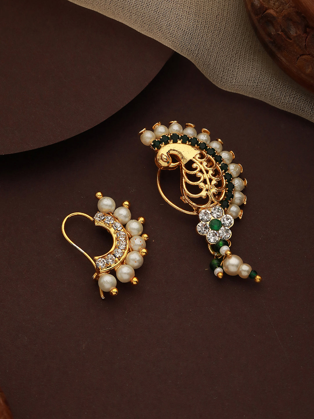 Set Of 2 Gold-Plated Ad Stone-Studded & Pearl Beaded Nosepin