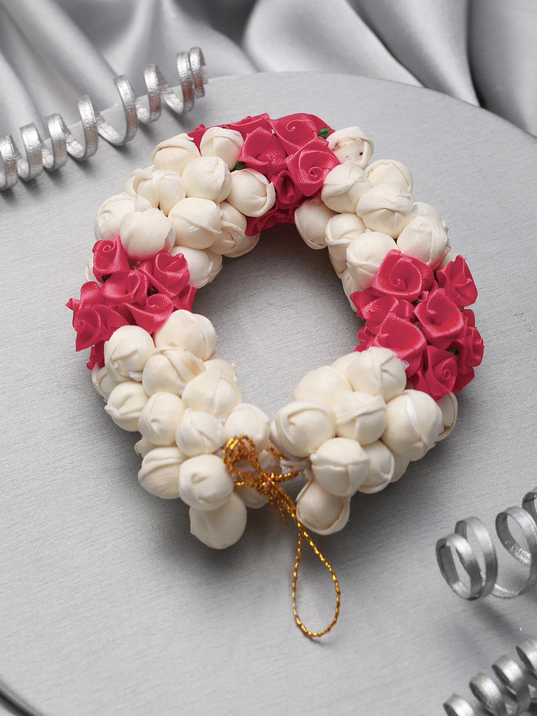 Women Pink Rose & White Mogra Artificial Flower Gajra Floral Hair Bun
