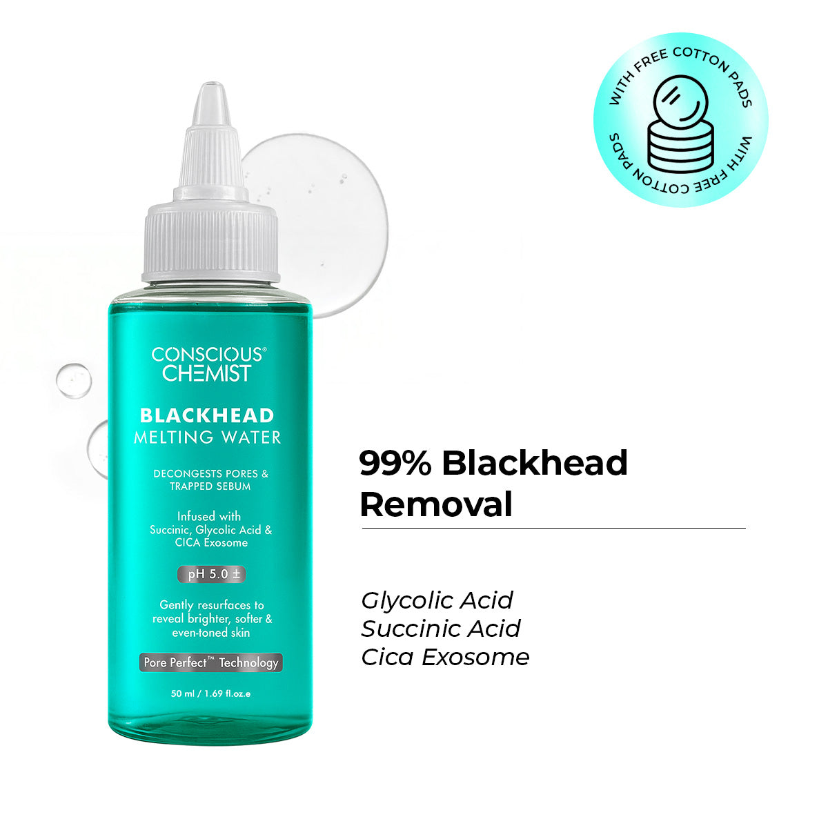 Conscious Chemist Blackhead Melting Water | Succinic, Glycolic Acid & CICA Exosome | Smooth Pores Men & Women (50 ml)