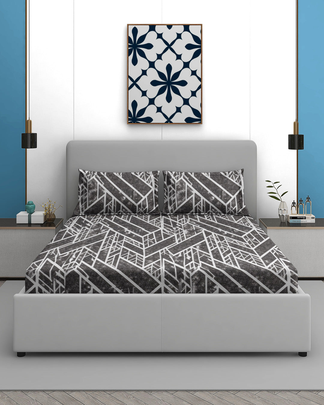 Fantasy Collection 200 TC Cotton King Fitted Bedsheet with 2 Pillow Covers - Grey