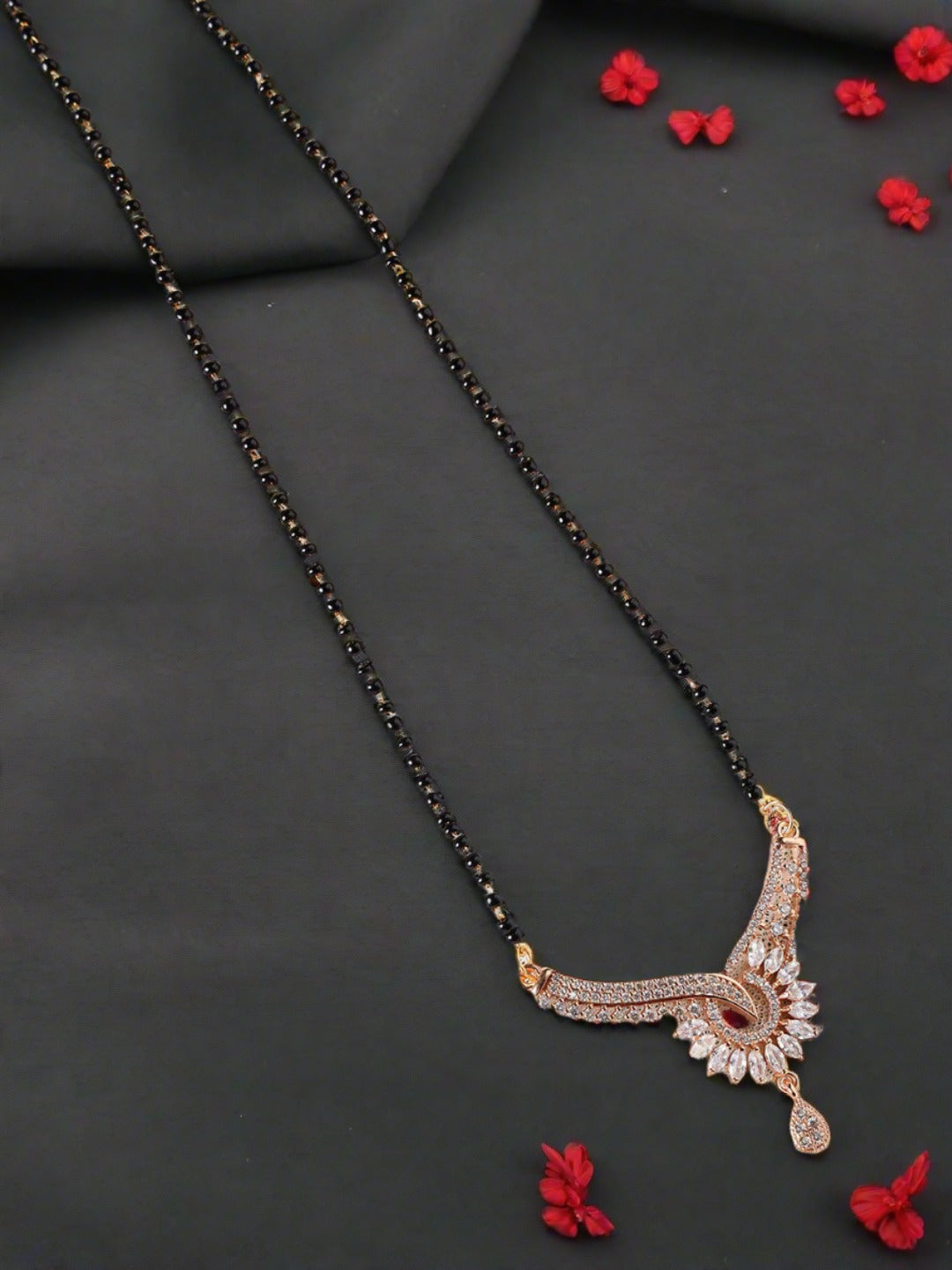 Rose Gold-Plated & Ad-Studded Black Beaded Mangal Sutra With Earrings