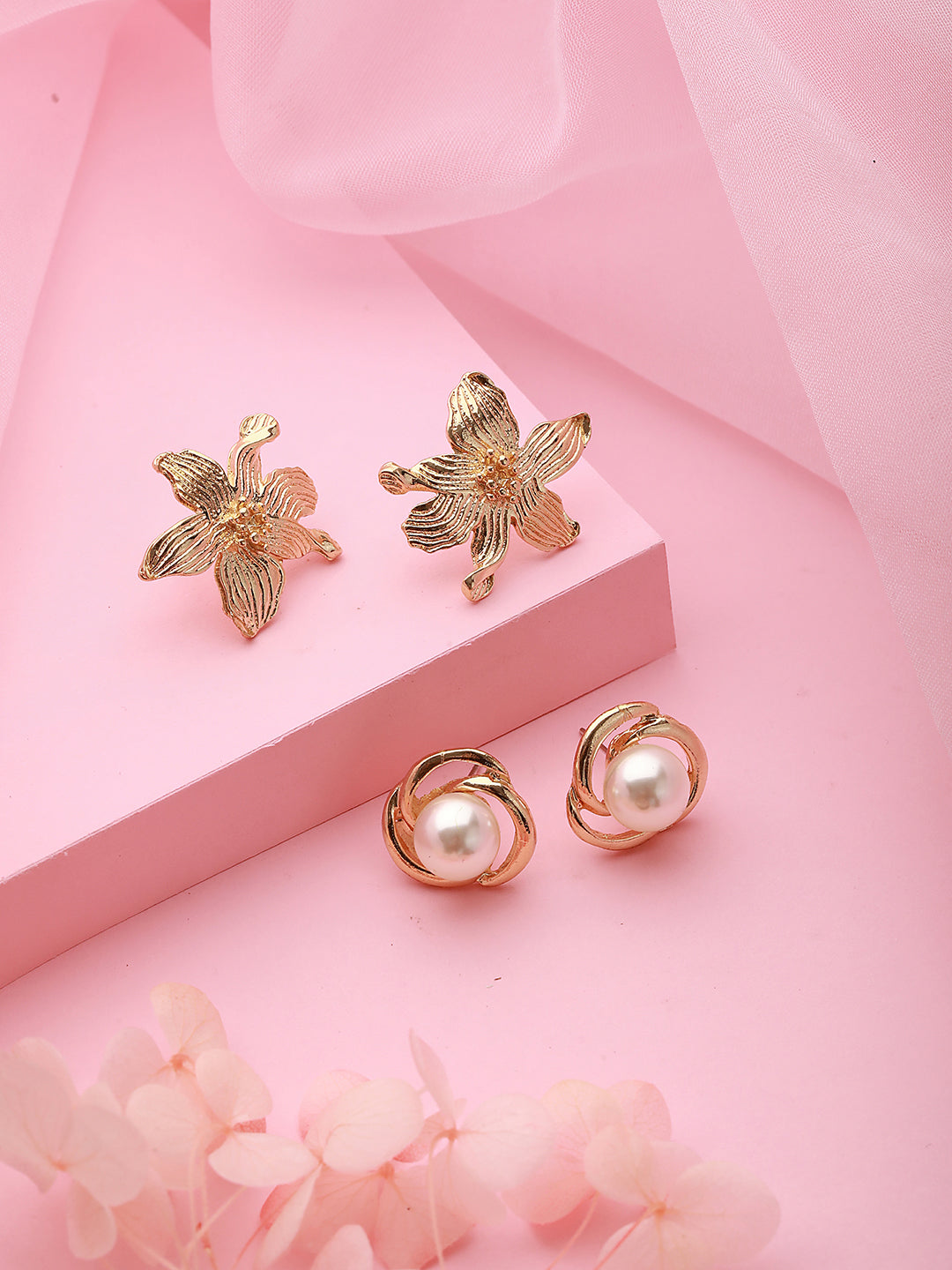 Set Of 2 Gold Plated & Pearl Floral Stud Earrings