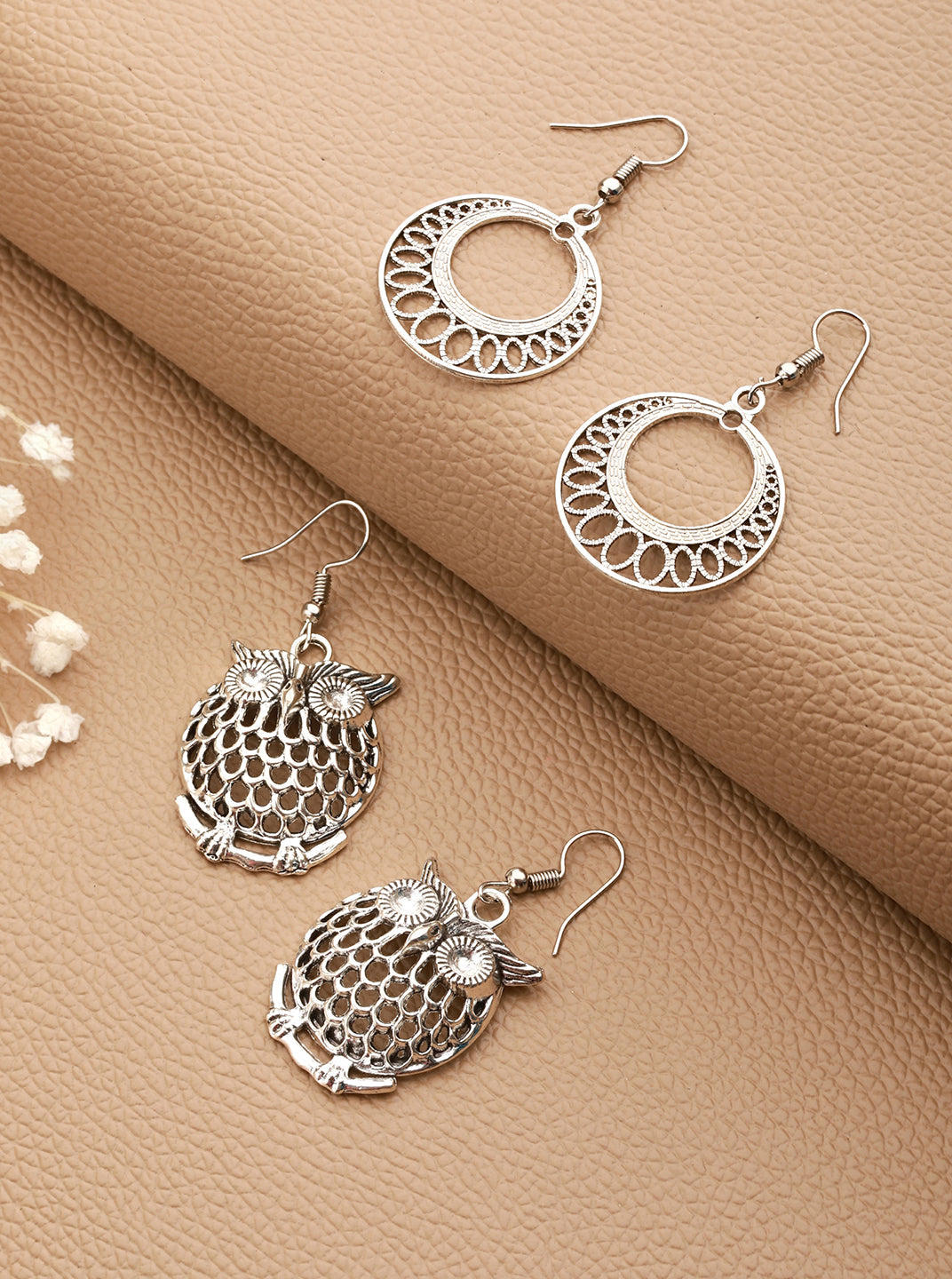 Set Of 2 Silver Plated Owl Contemporary Drop Earrings