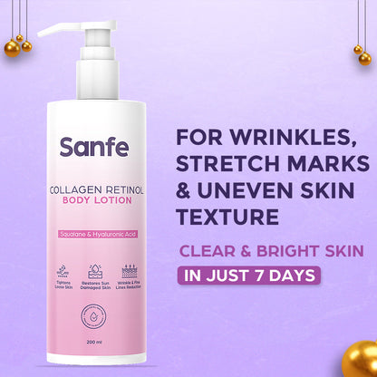 Sanfe Collagen Retinol Body Lotion For Skin Tightening, Firming, Stretch Marks, Wrinkles & Anti Aging Brighter, Soft Skin For Men & Women - 200ml
