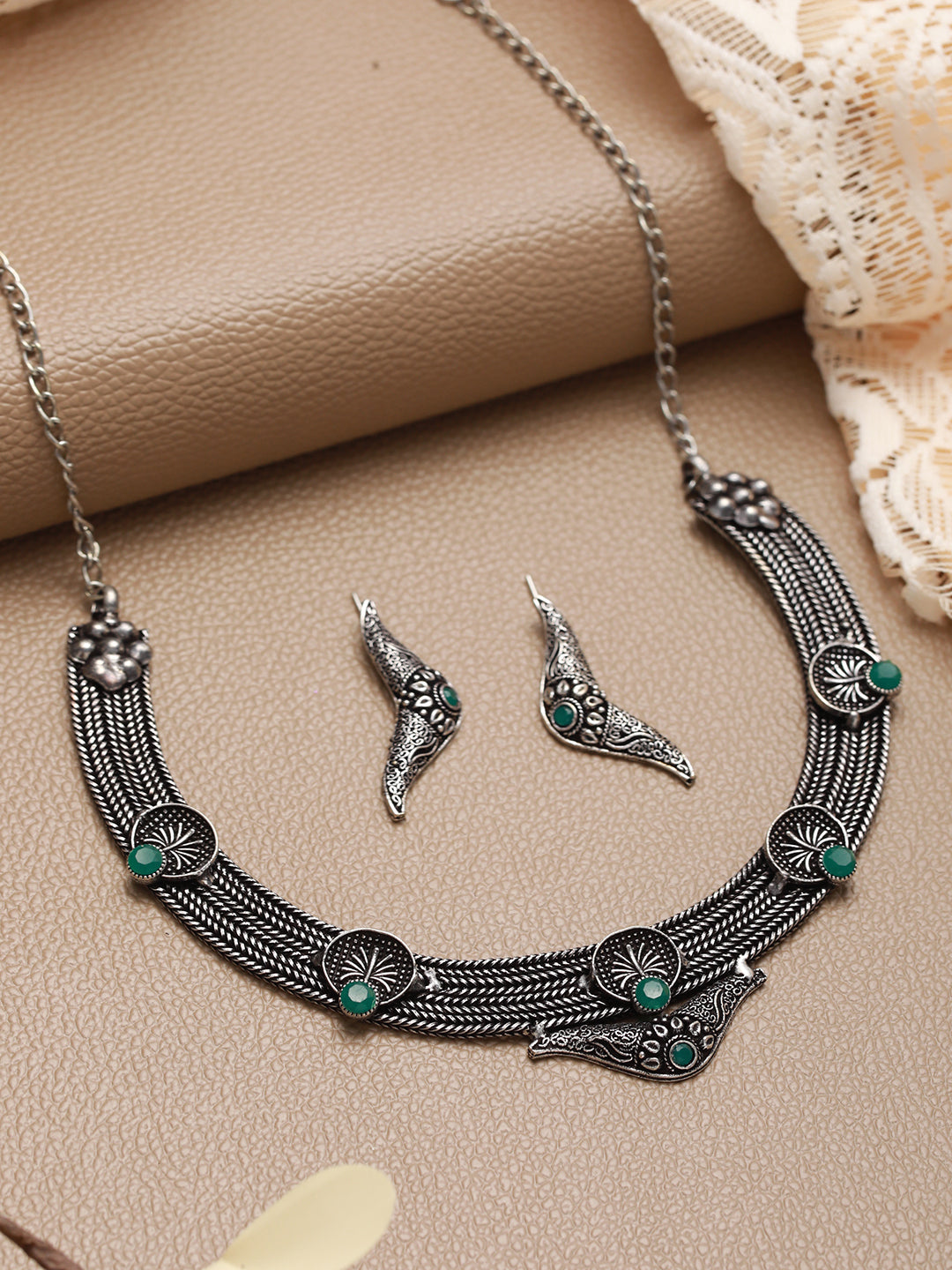Oxidised Silver-Tone Green Stone Studded Filgree Jewellery Set