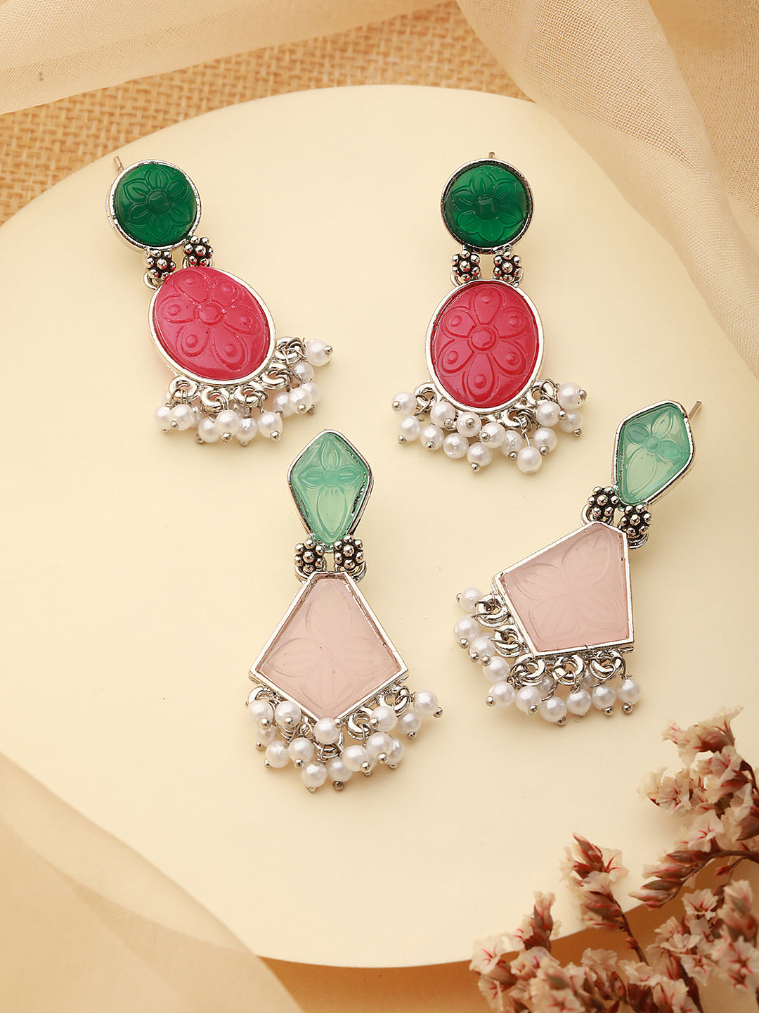 Set Of 2 Gold-Plated Pink & Green Dome Shaped Drop Earrings