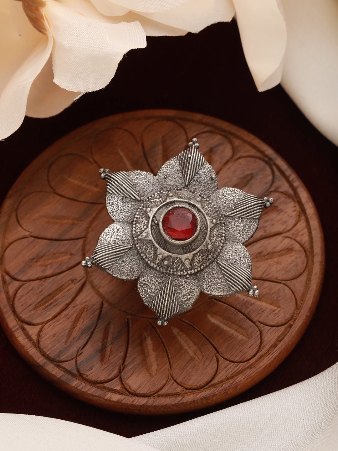 Oxidised Silver-Toned & Red Stone-Studded Adjustable Finger Ring