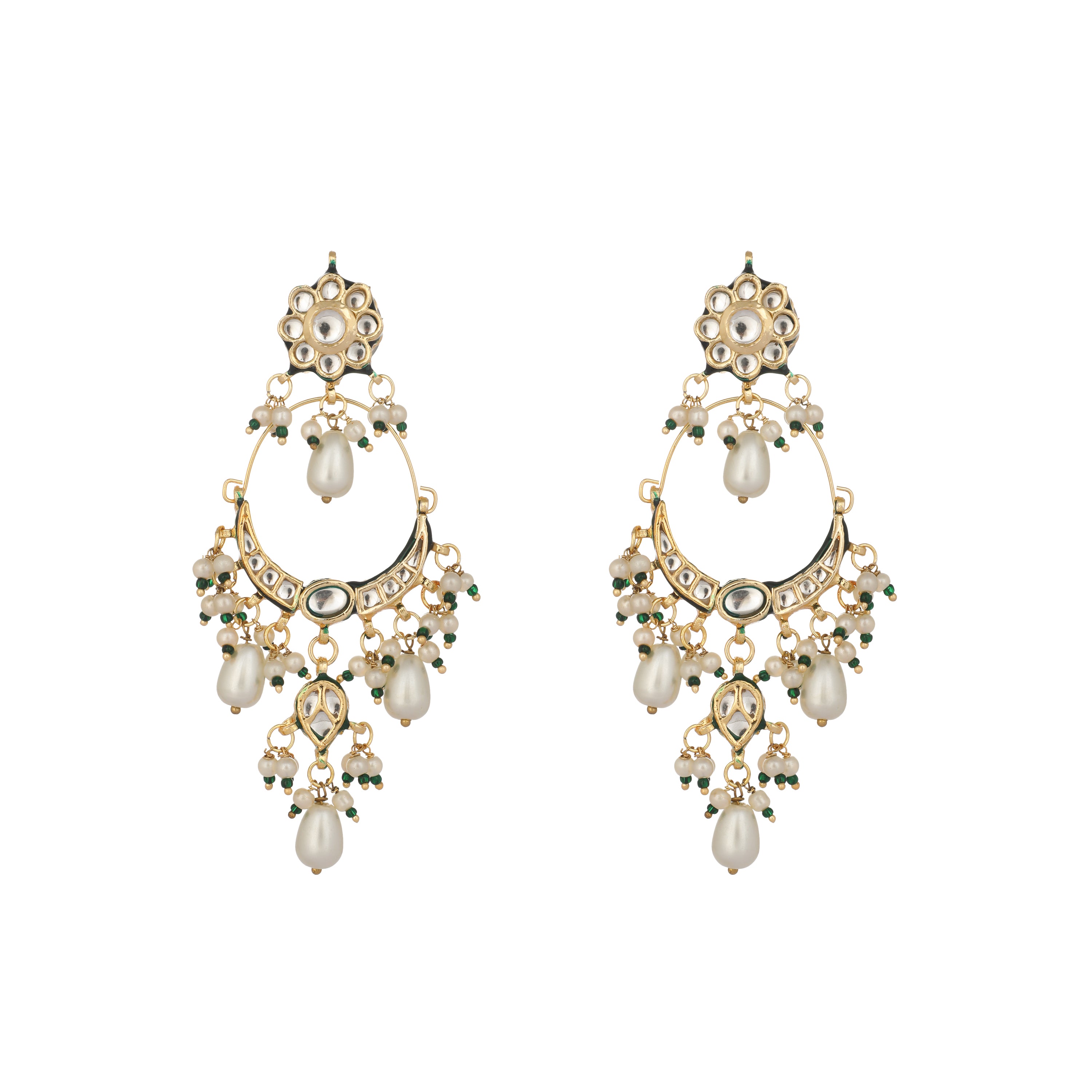 22K Gold Plated Crescent Kundan Drop Pearl Chandbali Earrings