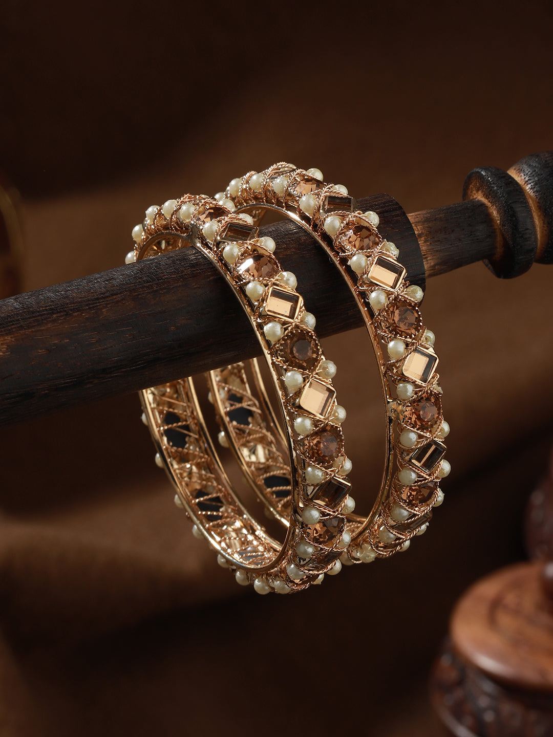 Set Of 2 Rose Gold-Plated Crystal Studded & Beaded Bangles