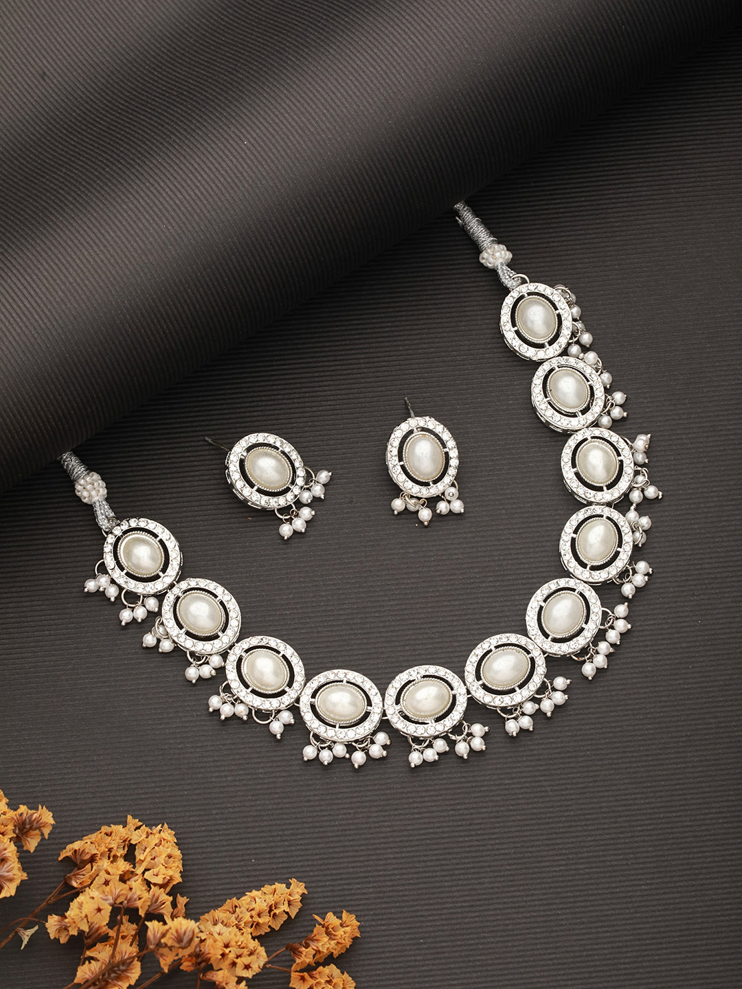 Silver-Plated Cz Stone-Studded & Pearl Beaded Jewellery Set