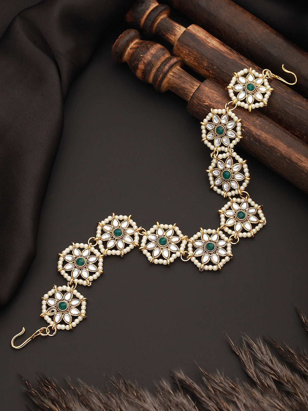 Gold-Plated Green Kundan & Pearl Studded Sheeshphool Mathapatti