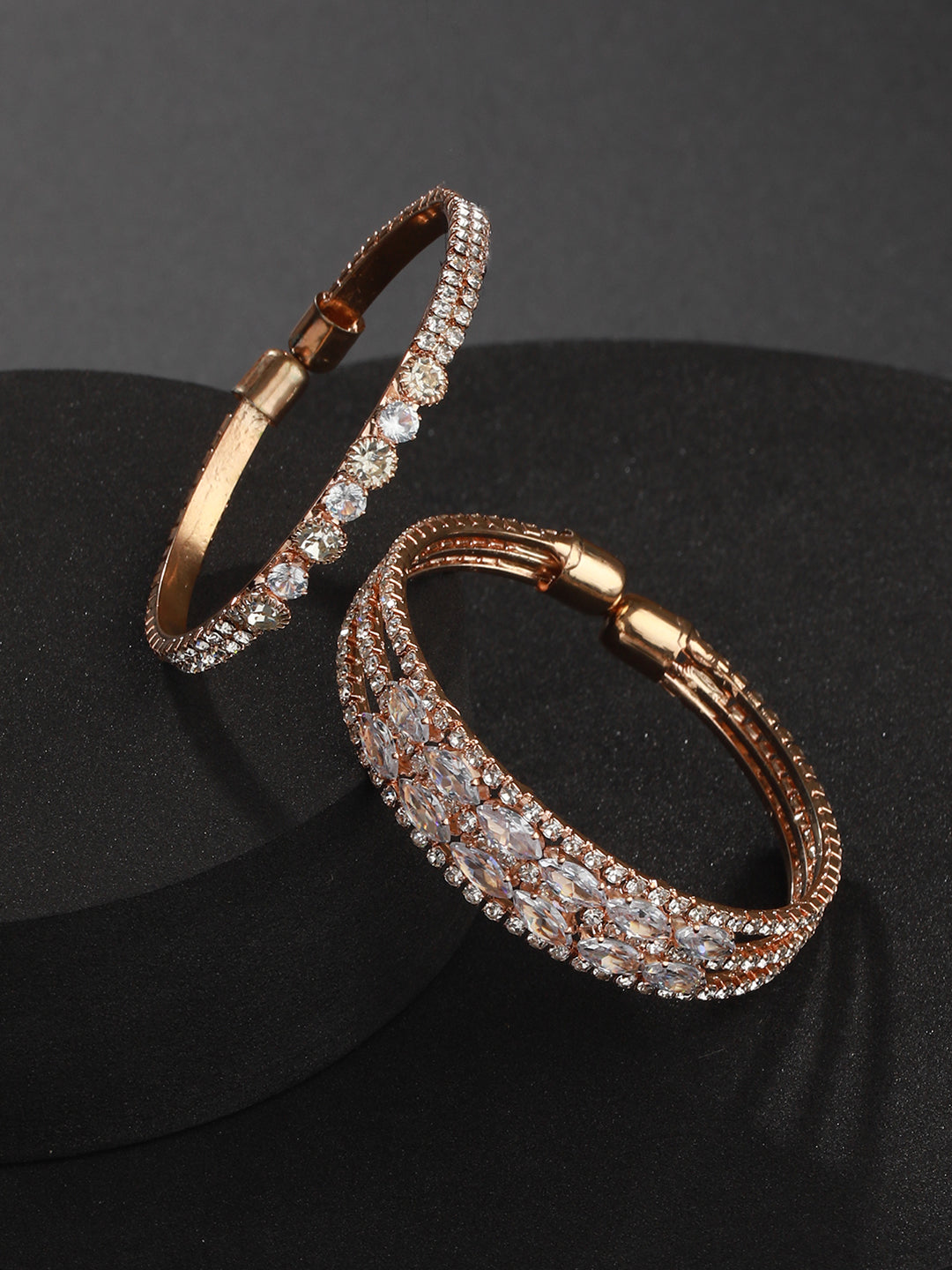 Set Of 2 Rose Gold-Plated White Crystal Studded Cuff Bracelet