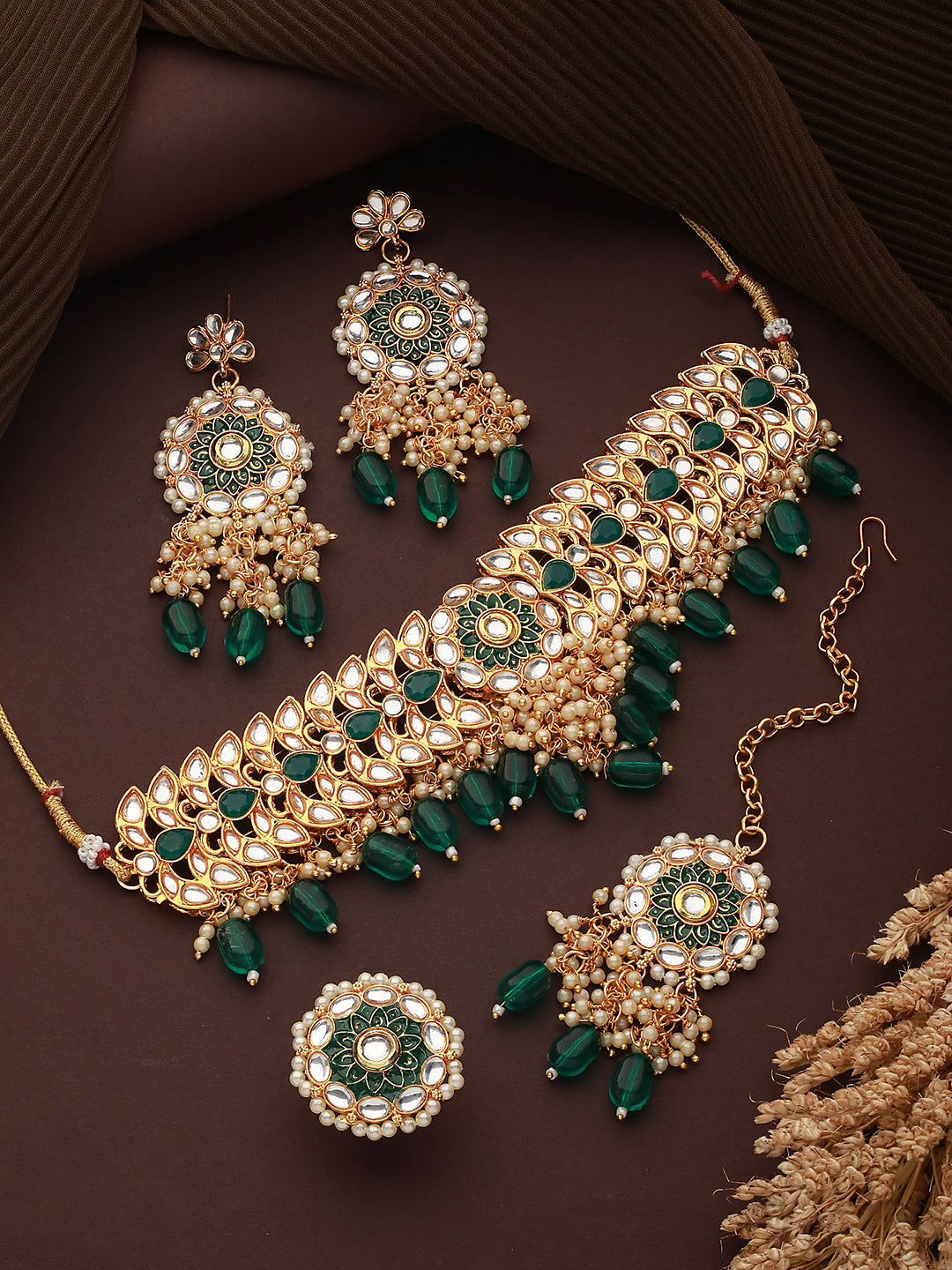 Gold-Plated Kundan Studded & Beaded Jewellery Set