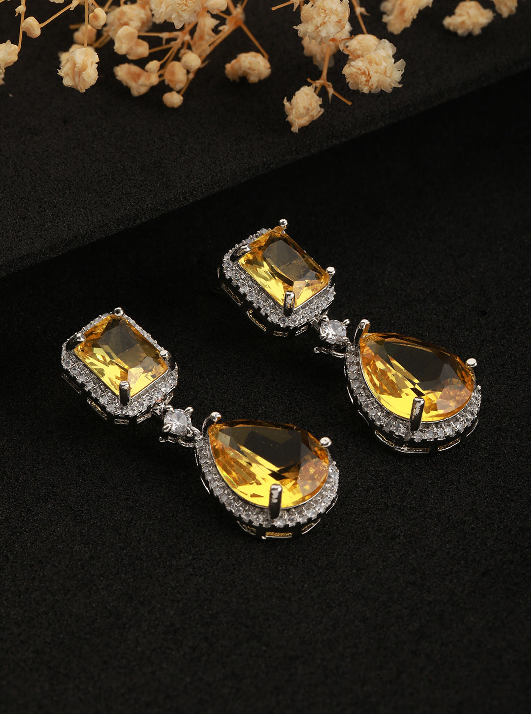 Silver-Toned & Yellow Silver-Plated Teardrop Shaped Drop Earrings