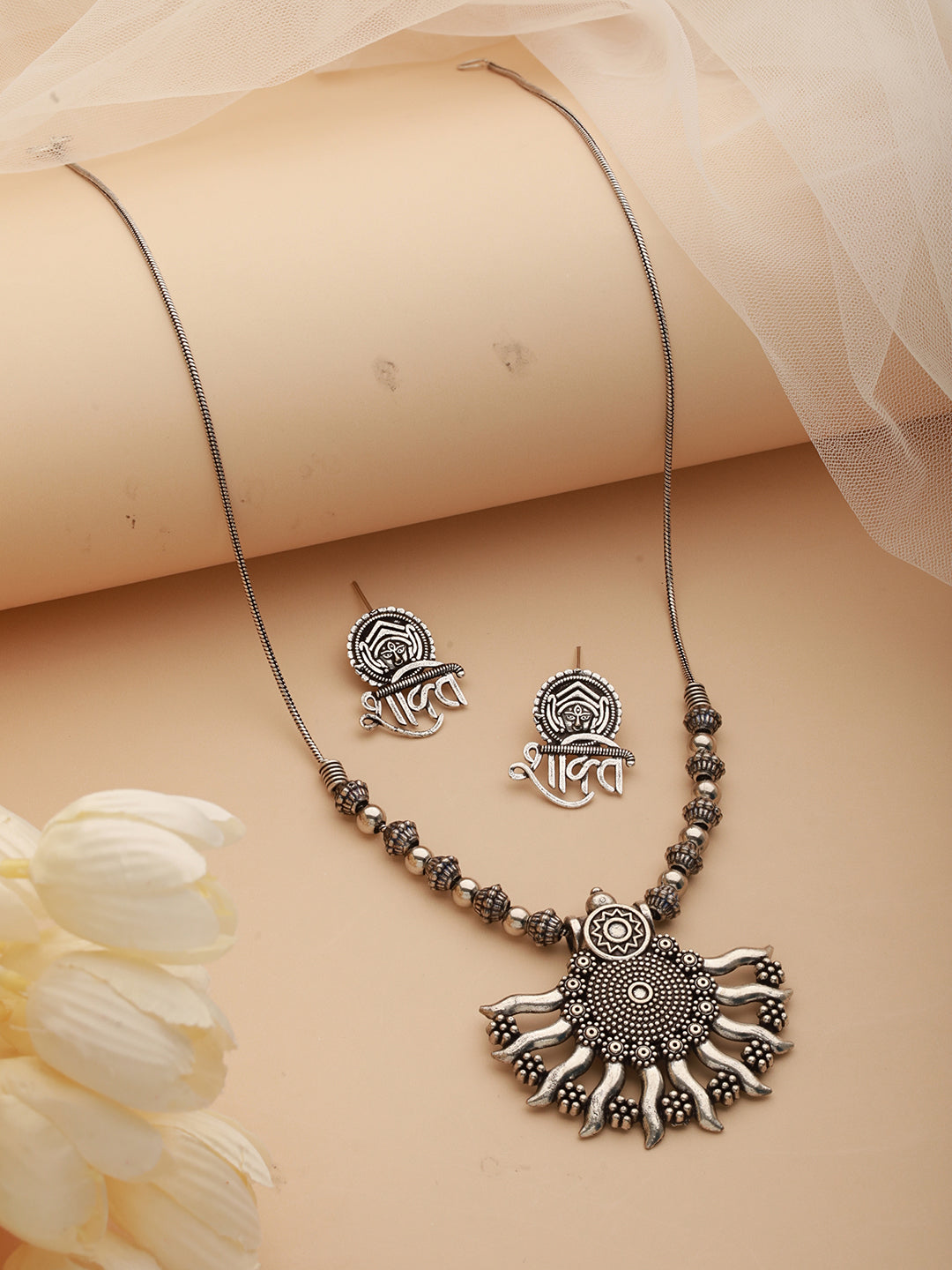 Silver-Plated Shakti Oxidized Pendant & Earring Set
