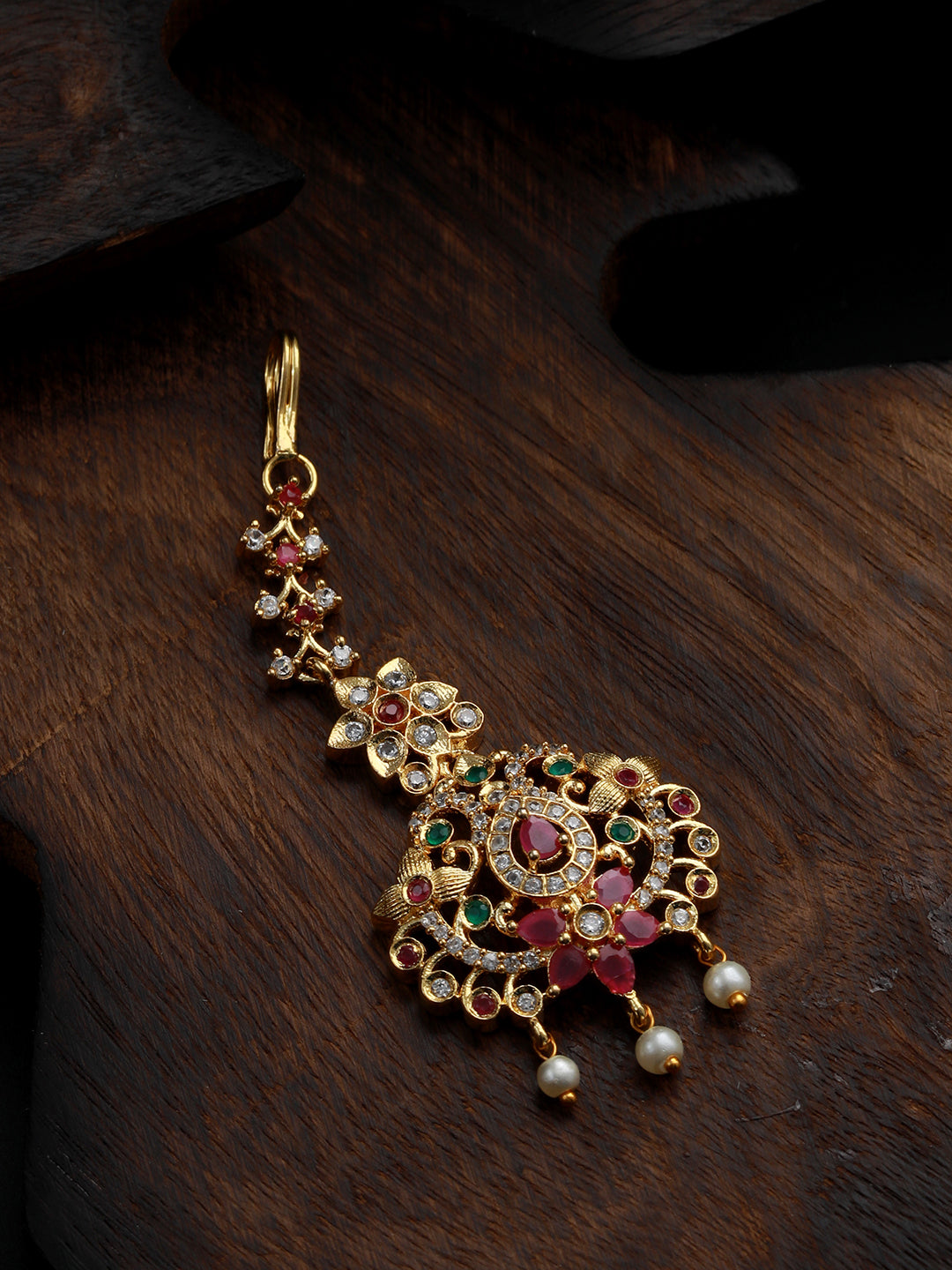 Jazz And Sizzle Gold-Plated Maroon & Green American Diamond-Studded & Beaded Handcrafted Maang tikka