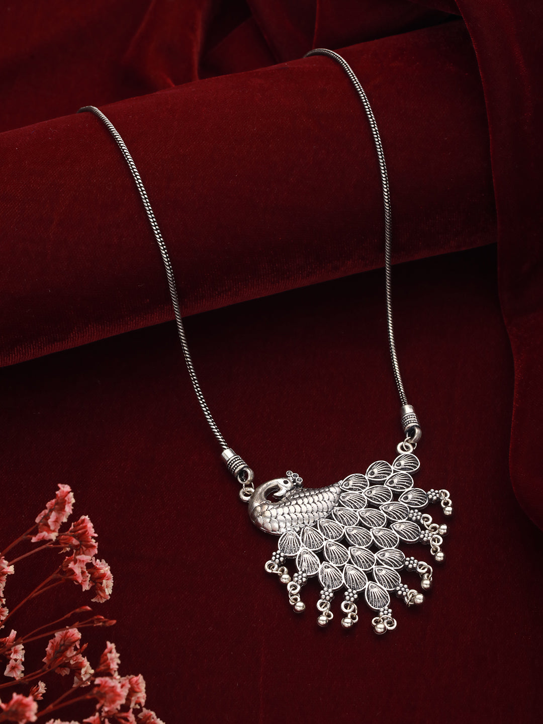Silver Plated Peacock Shaped Oxidised Necklace