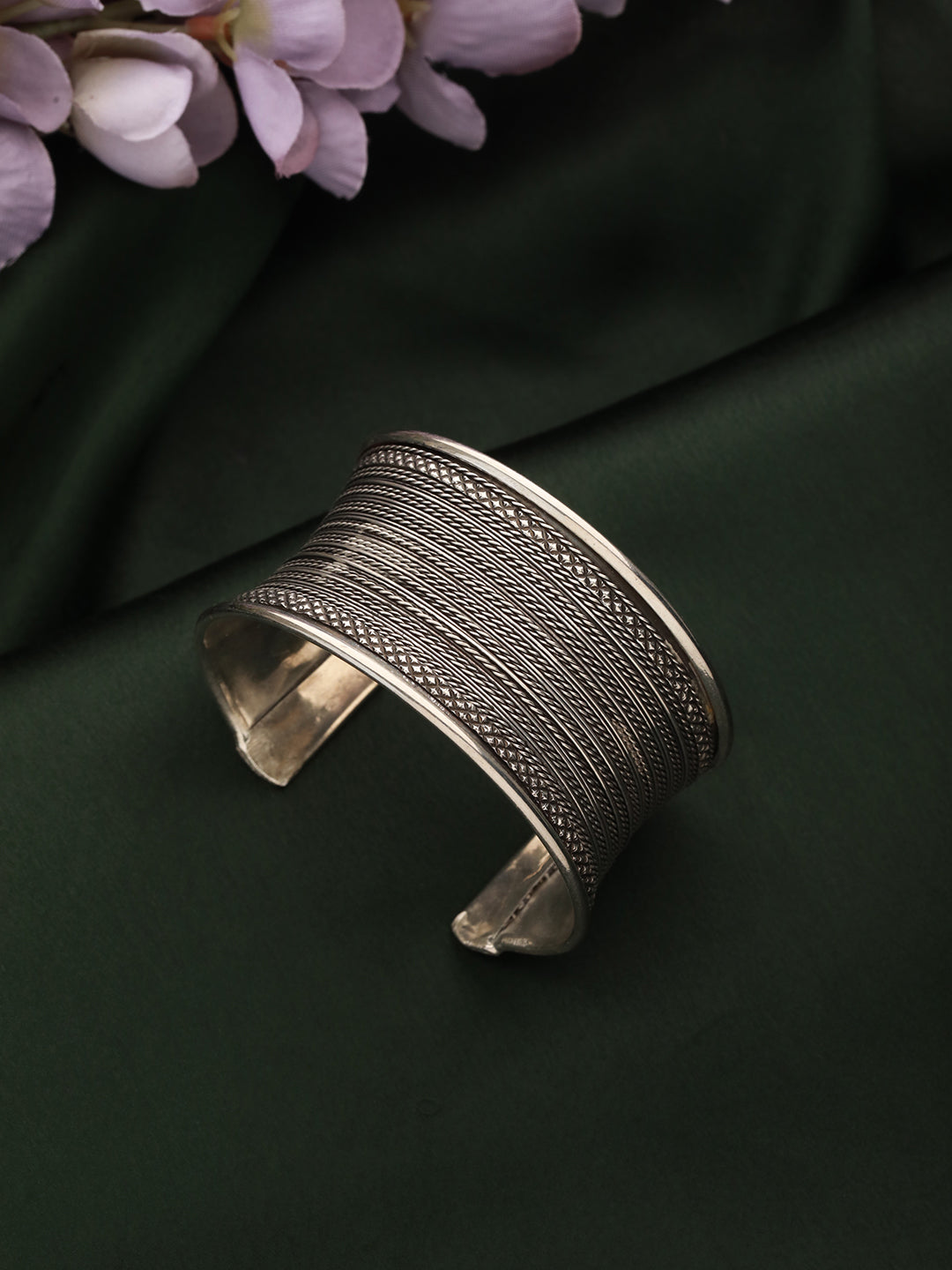 Women Silver-Plated & Textured Oxidised Cuff Bracelet