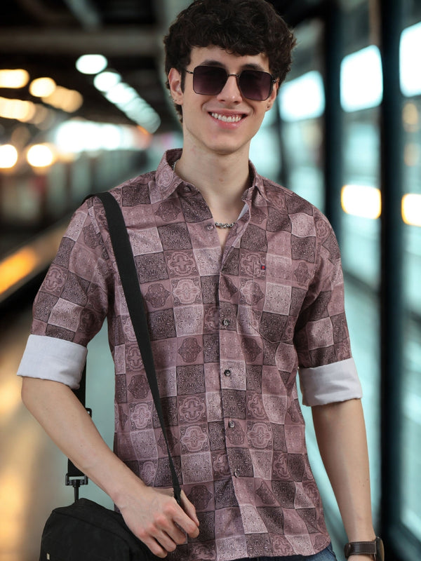 Men Dark Brown Slim Fit Printed Full Sleeve Casual Shirt Cool Colors