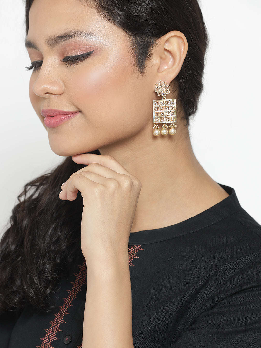 Gold-Plated Kundan Studded Floral Pattern& Square Drop Earrings