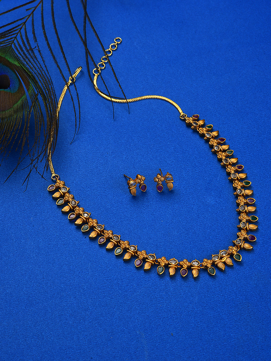 Antique Gold-Plated American Diamond Studded Pink Jewellery Set
