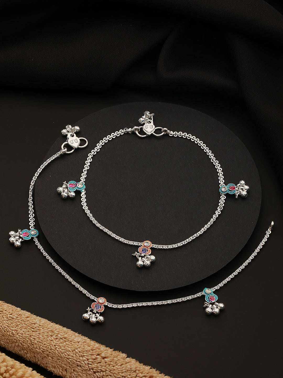 Aatmana Set Of 2 Silver-Plated Pink&Blue Anklets With Ghungroo