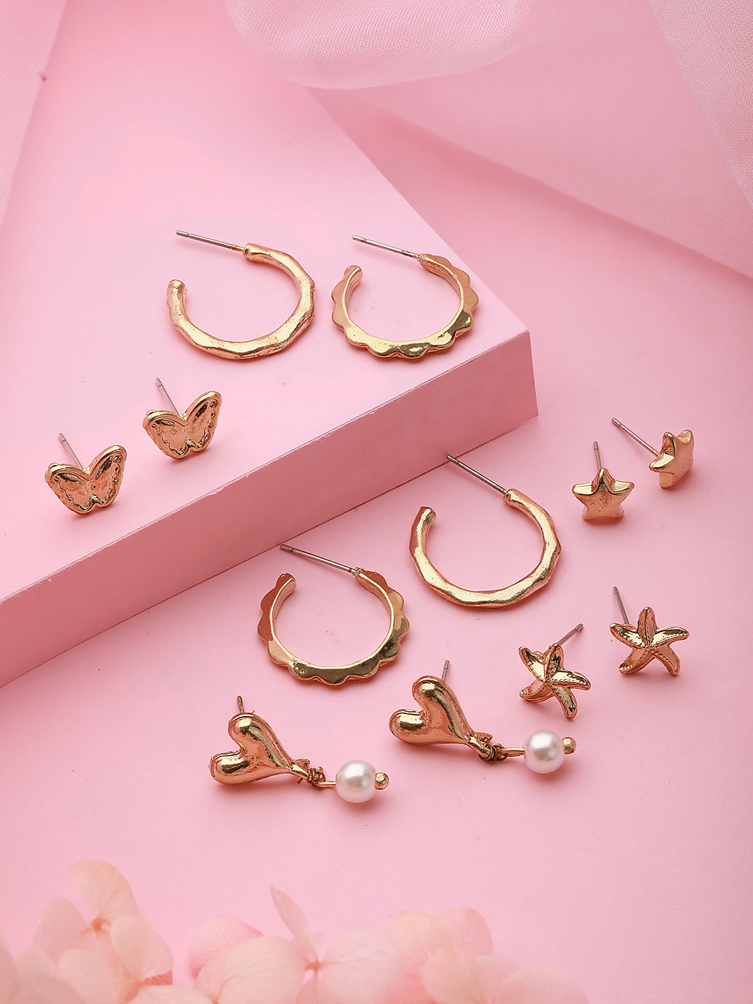 Set Of 6 Gold-Plated Hoop & Studs Earrings