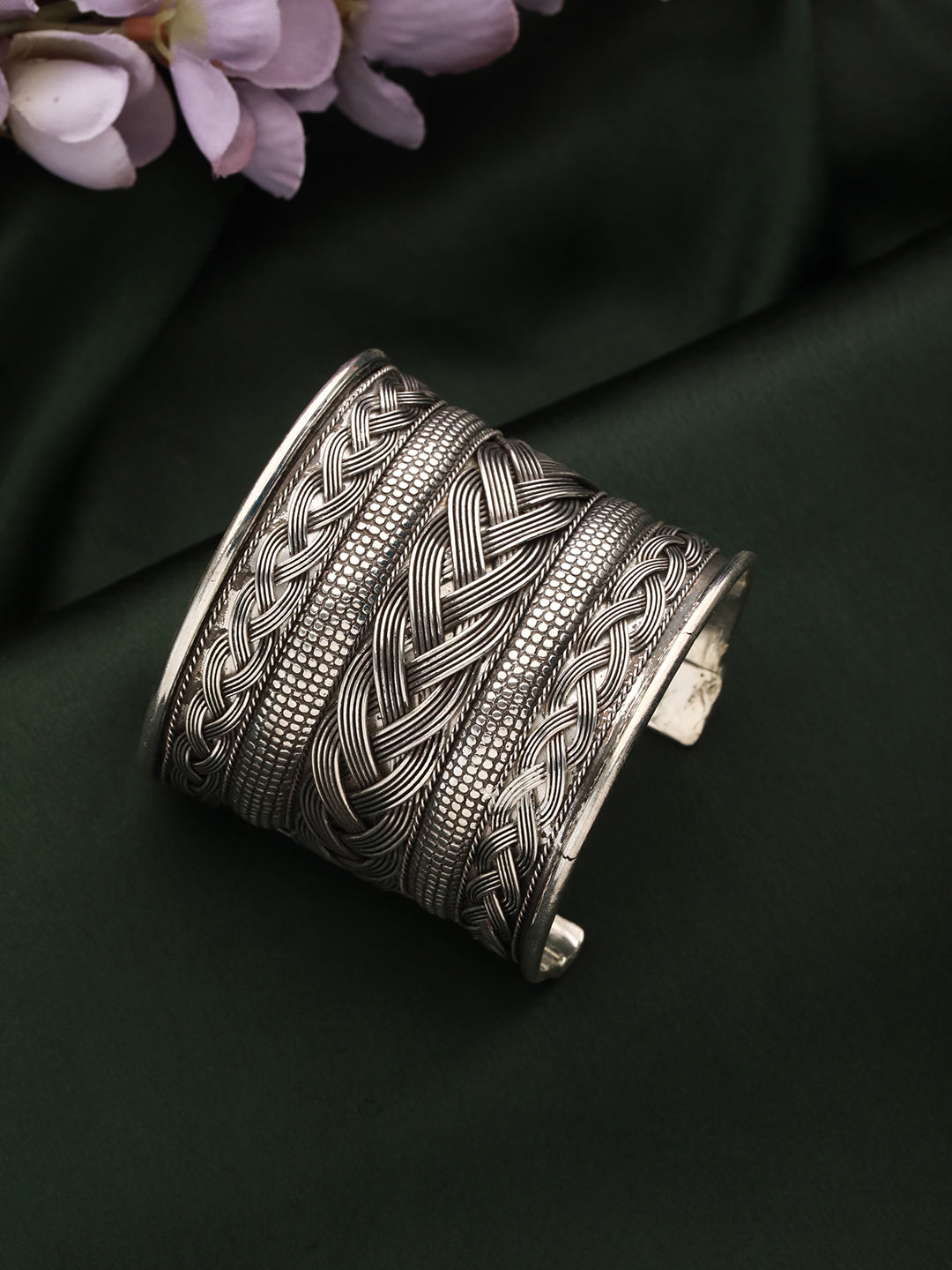 Women Silver-Plated & Textured Oxidised Cuff Bracelet