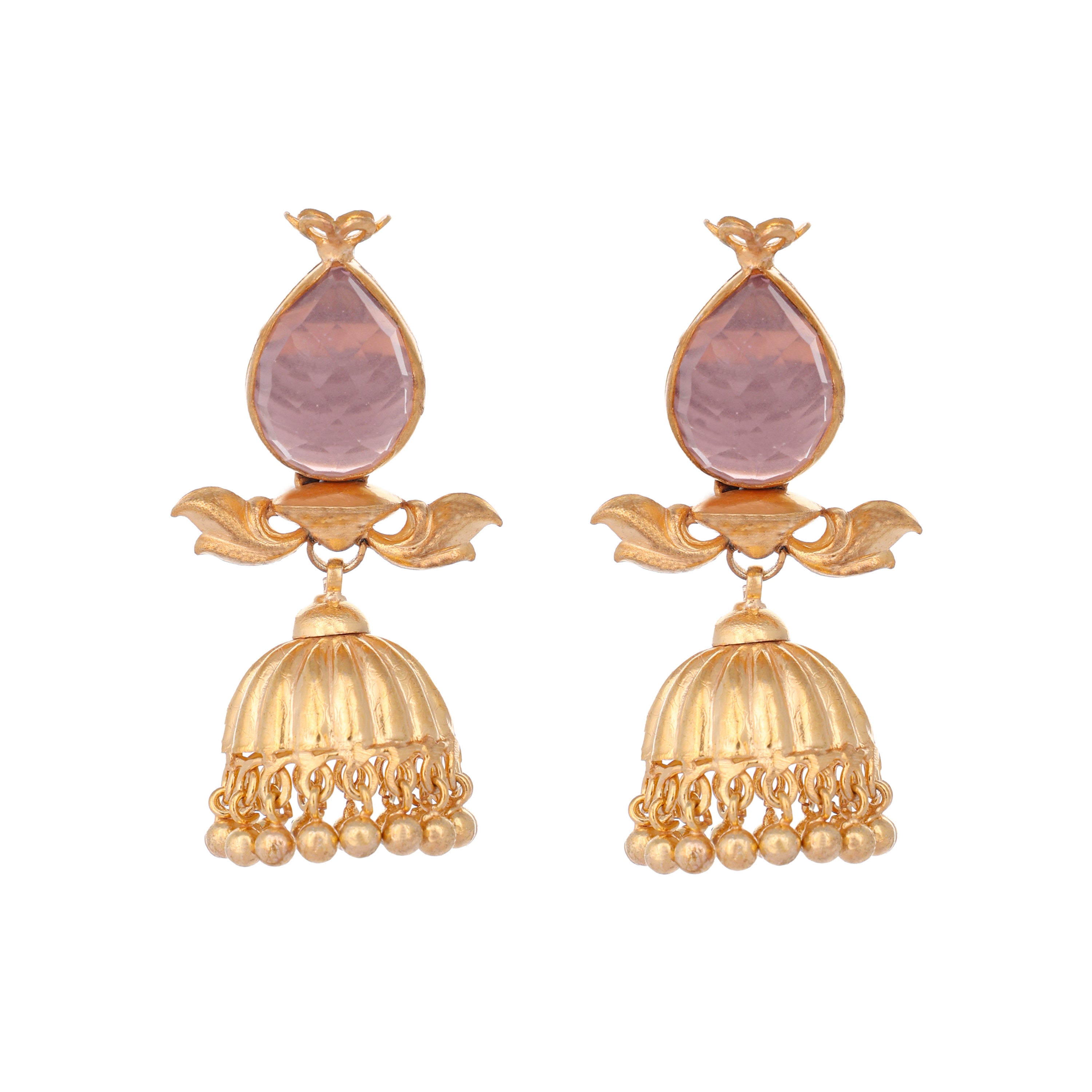 22K Gold Plated Rose Quartz Stone Ethnic Jhumkas
