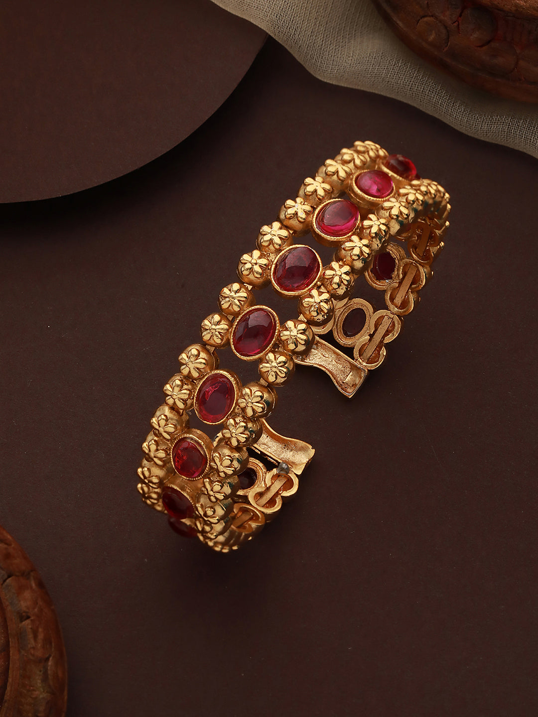 Gold-Toned & Pink Handcrafted Gold-Plated Bangle-Style Bracelet